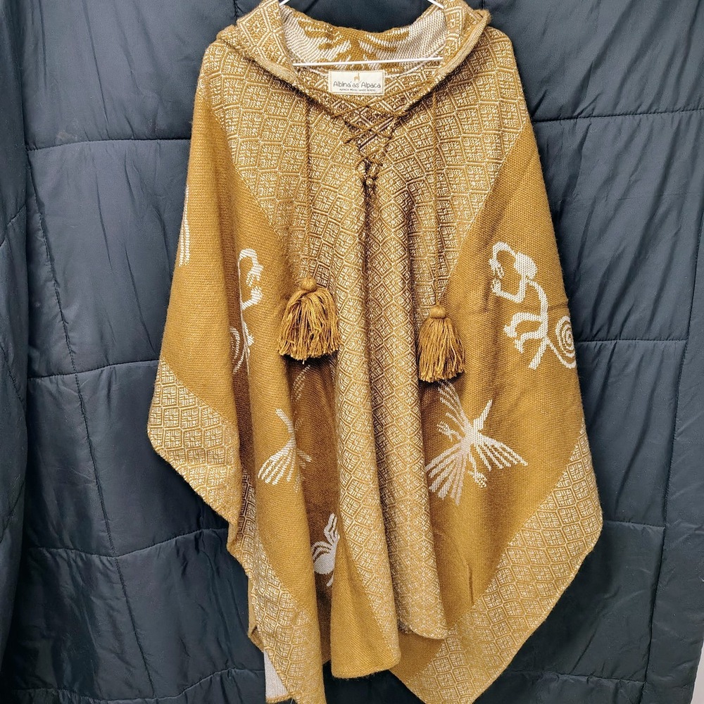 Alpaca wool Hooded Poncho Tassel Aztec pattern all seasons boho hippie XXL Peru